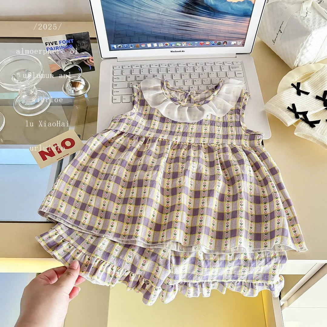 Two-Piece Set Sleeveless Princess Dress with Floral Print, Summer Thin Outfit for Baby Girls Baby Girl Cute Floral Skirt