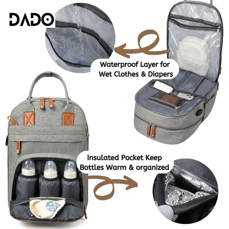 SafeHaven™ Waterproof Diaper Bag Backpack with Changing Bed